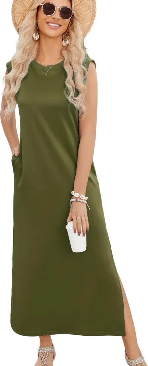 Women Casual Dress with Pockets Summer Dress Beach Maxi Dress Cap Sleeve Sundress Tank Long Dress