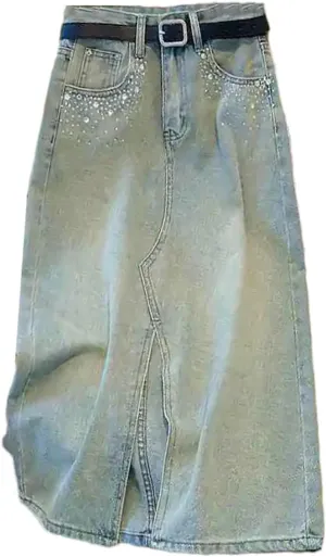 Women Chic Rhinestone Denim Skirts High Waist A-Line Slit Fashion Diamond Midi Wrap Hip Skirt