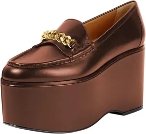 Women Chic Round Toe Chain Decoration Thick Sole Platform Loafers Slip on Graceful Party Homecoming Pump Shoes Size 4-16 US