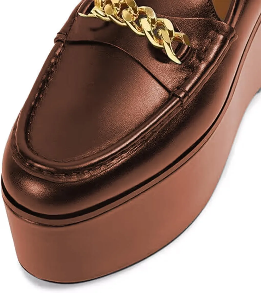 Women Chic Round Toe Chain Decoration Thick Sole Platform Loafers Slip on Graceful Party Homecoming Pump Shoes Size 4-16 US