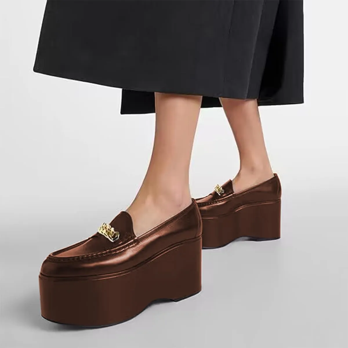 Women Chic Round Toe Chain Decoration Thick Sole Platform Loafers Slip on Graceful Party Homecoming Pump Shoes Size 4-16 US