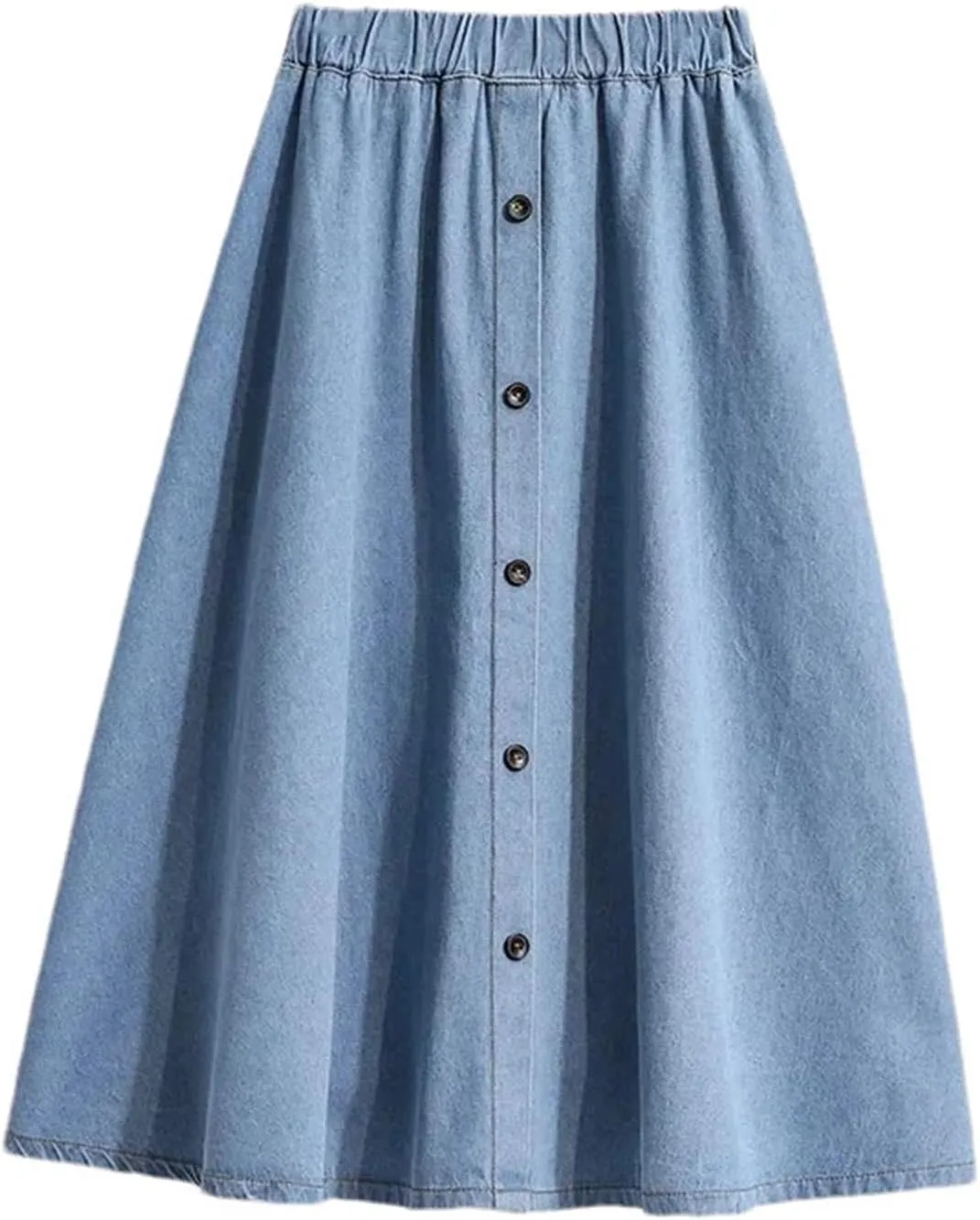 Women Elastic Waist Button Front Denim Skirt Summer Casual Midi A-Line Jean Skirt