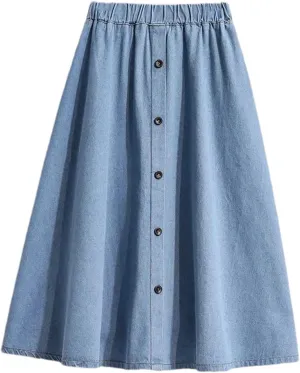 Women Elastic Waist Button Front Denim Skirt Summer Casual Midi A-Line Jean Skirt