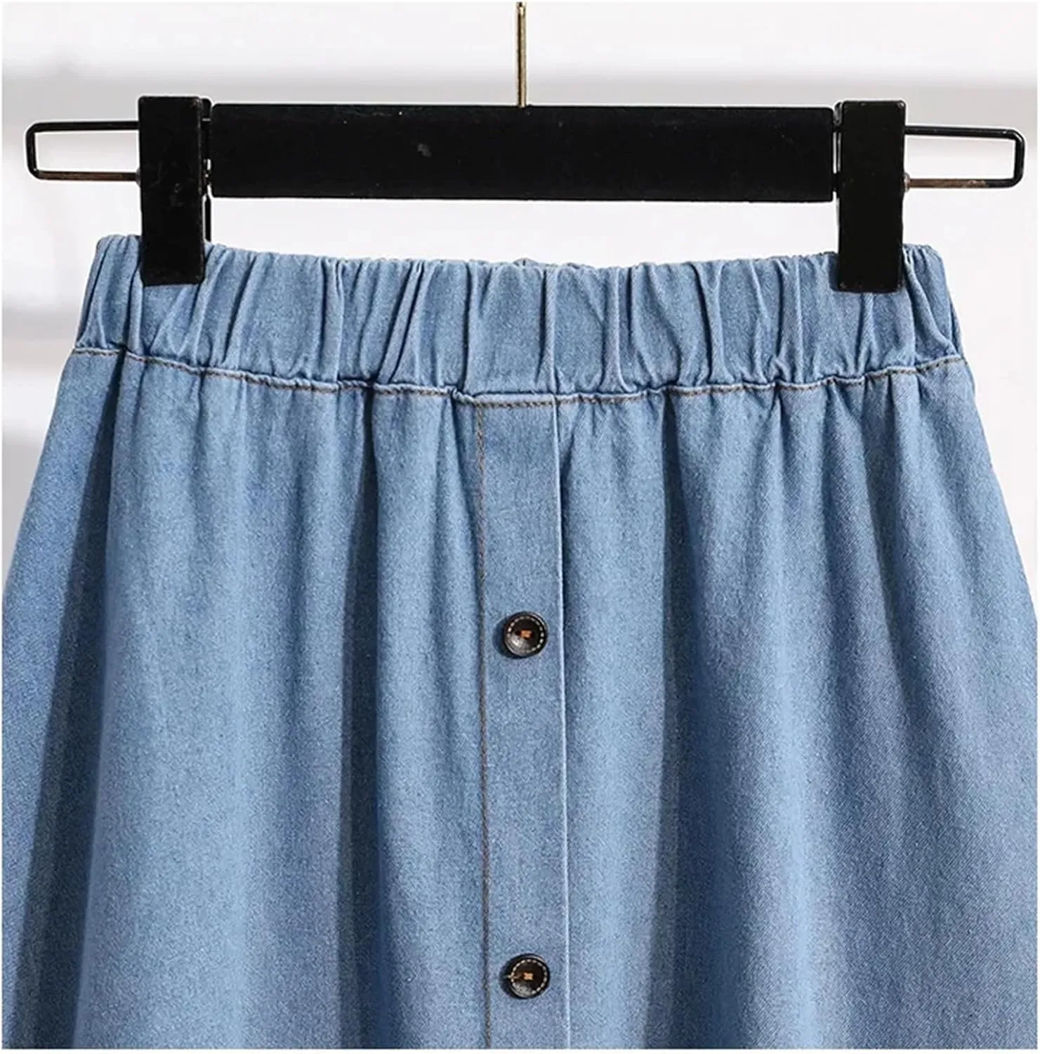 Women Elastic Waist Button Front Denim Skirt Summer Casual Midi A-Line Jean Skirt