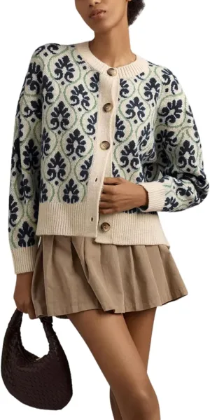 Women Floral Cardigan Sweater Open Front Long Sleeve Button Down Knit Sweater Vintage Outerwear