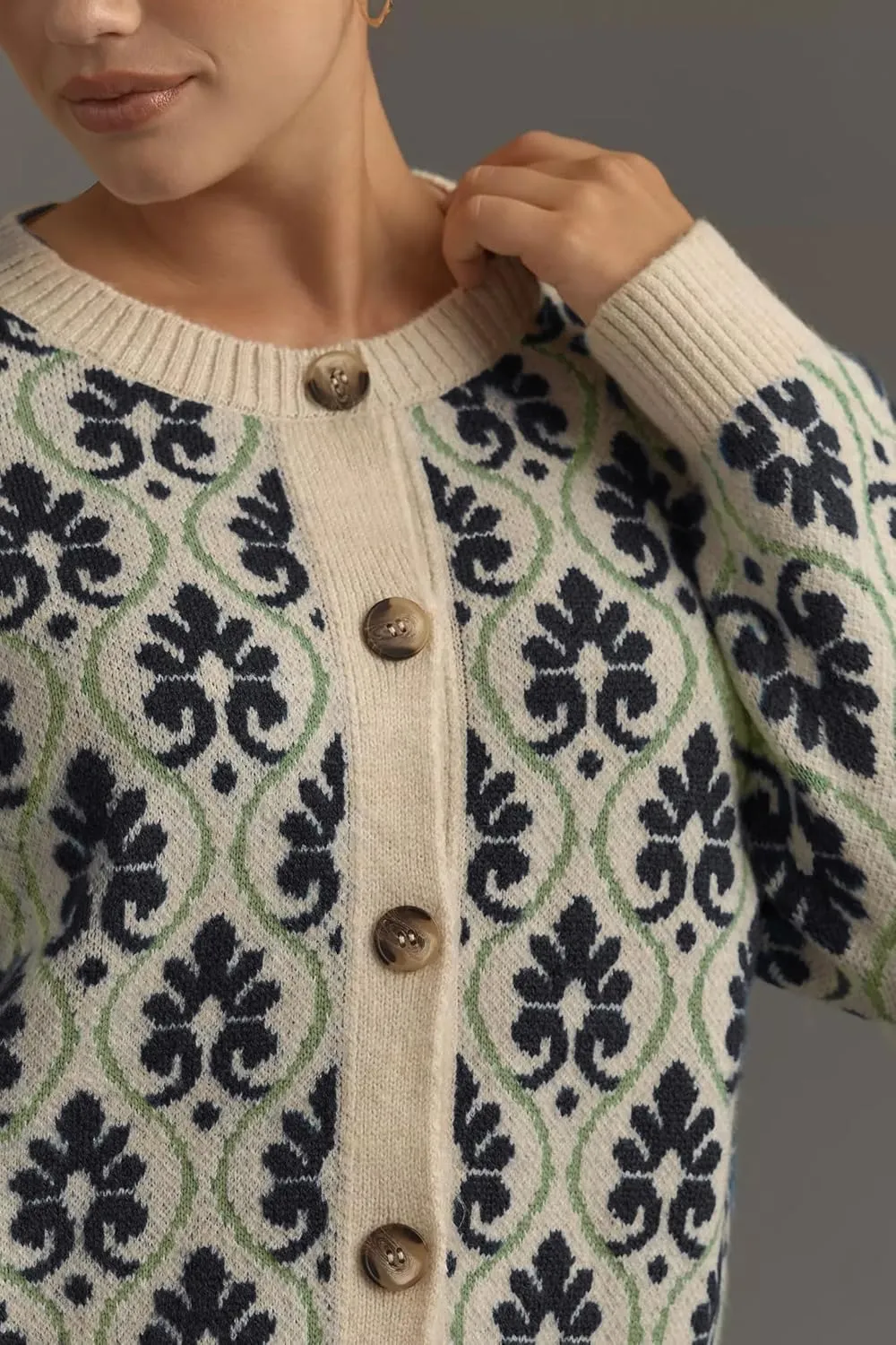 Women Floral Cardigan Sweater Open Front Long Sleeve Button Down Knit Sweater Vintage Outerwear
