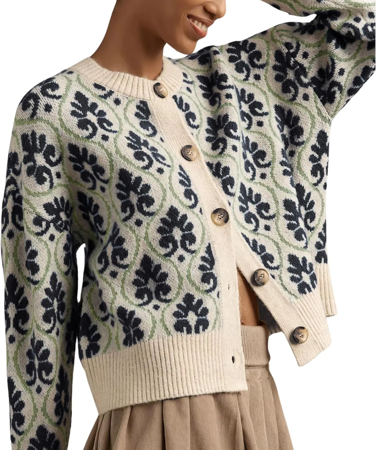 Women Floral Cardigan Sweater Open Front Long Sleeve Button Down Knit Sweater Vintage Outerwear