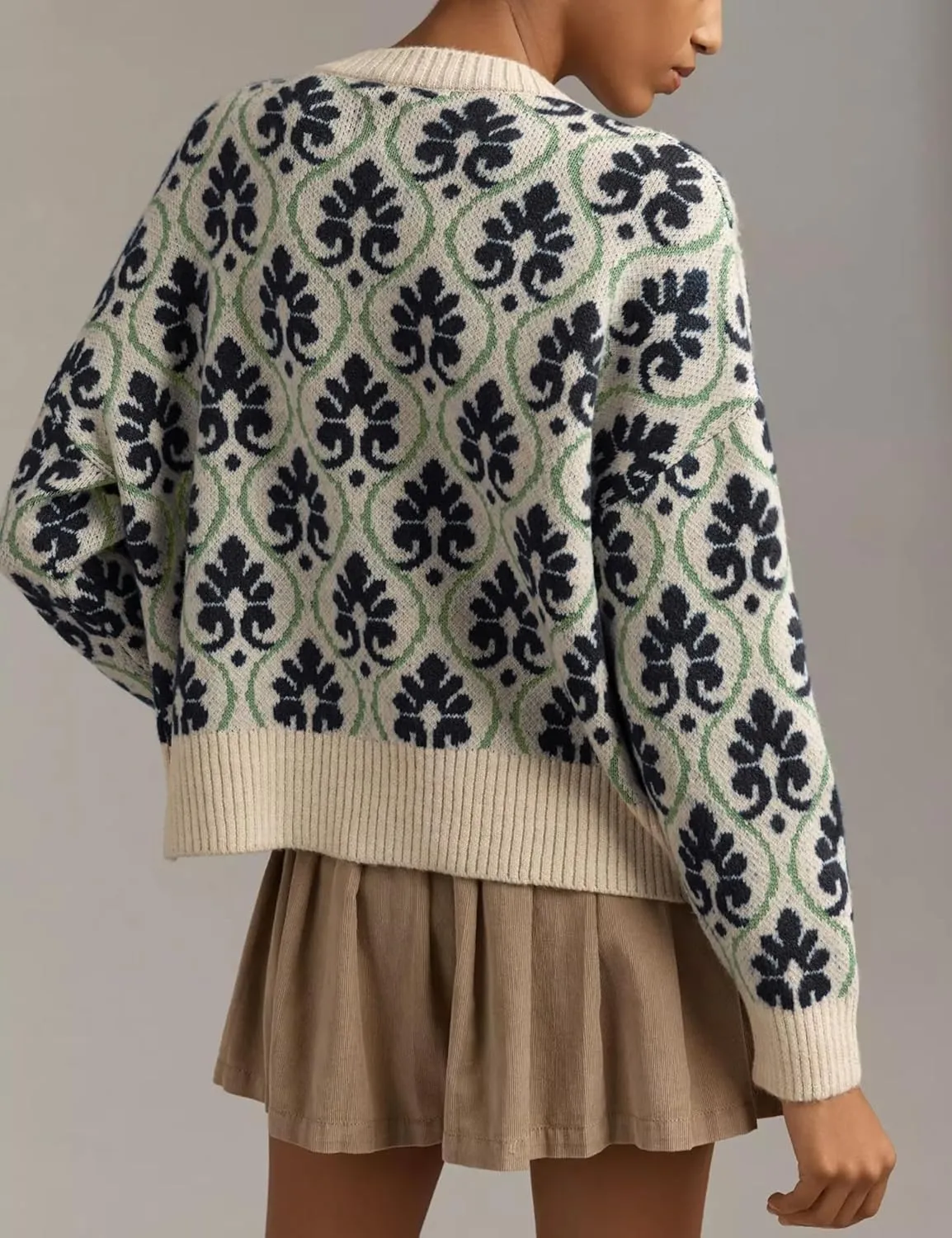 Women Floral Cardigan Sweater Open Front Long Sleeve Button Down Knit Sweater Vintage Outerwear