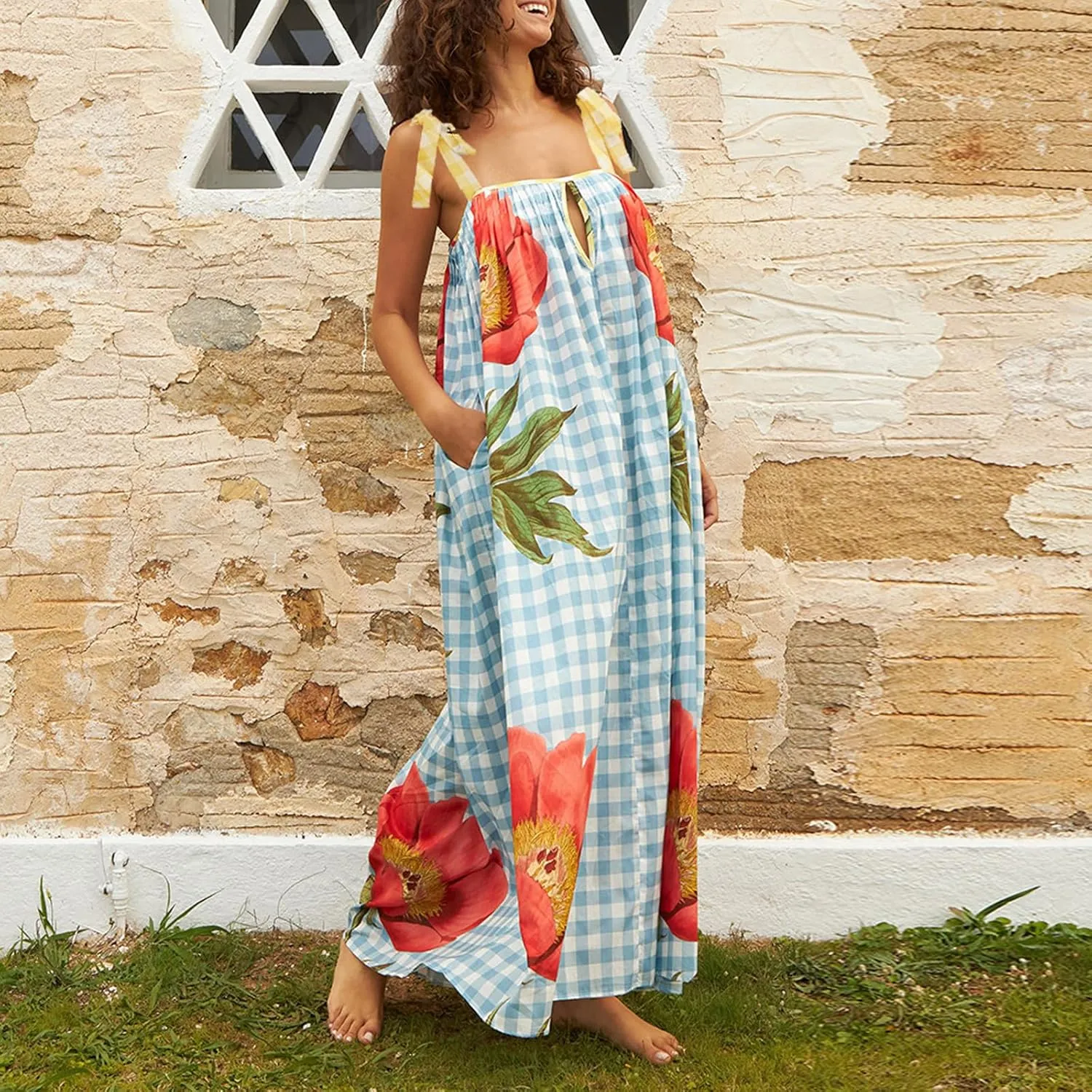 Women Floral Maxi Dresses Tie Shoulder Flowy Dress Relax Casual Summer Dress Y2k Boho Vacation Sundresses