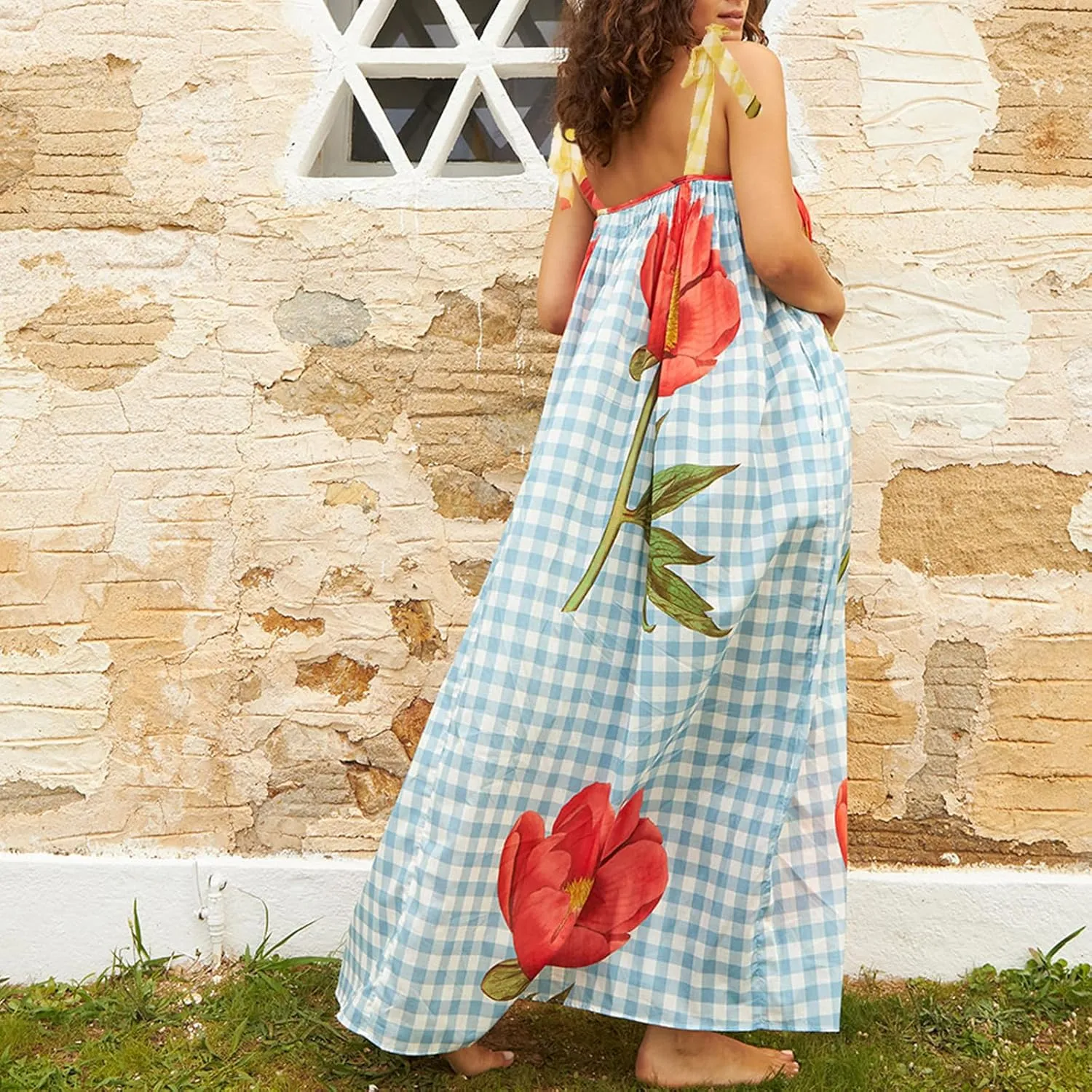 Women Floral Maxi Dresses Tie Shoulder Flowy Dress Relax Casual Summer Dress Y2k Boho Vacation Sundresses