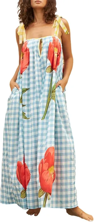 Women Floral Maxi Dresses Tie Shoulder Flowy Dress Relax Casual Summer Dress Y2k Boho Vacation Sundresses