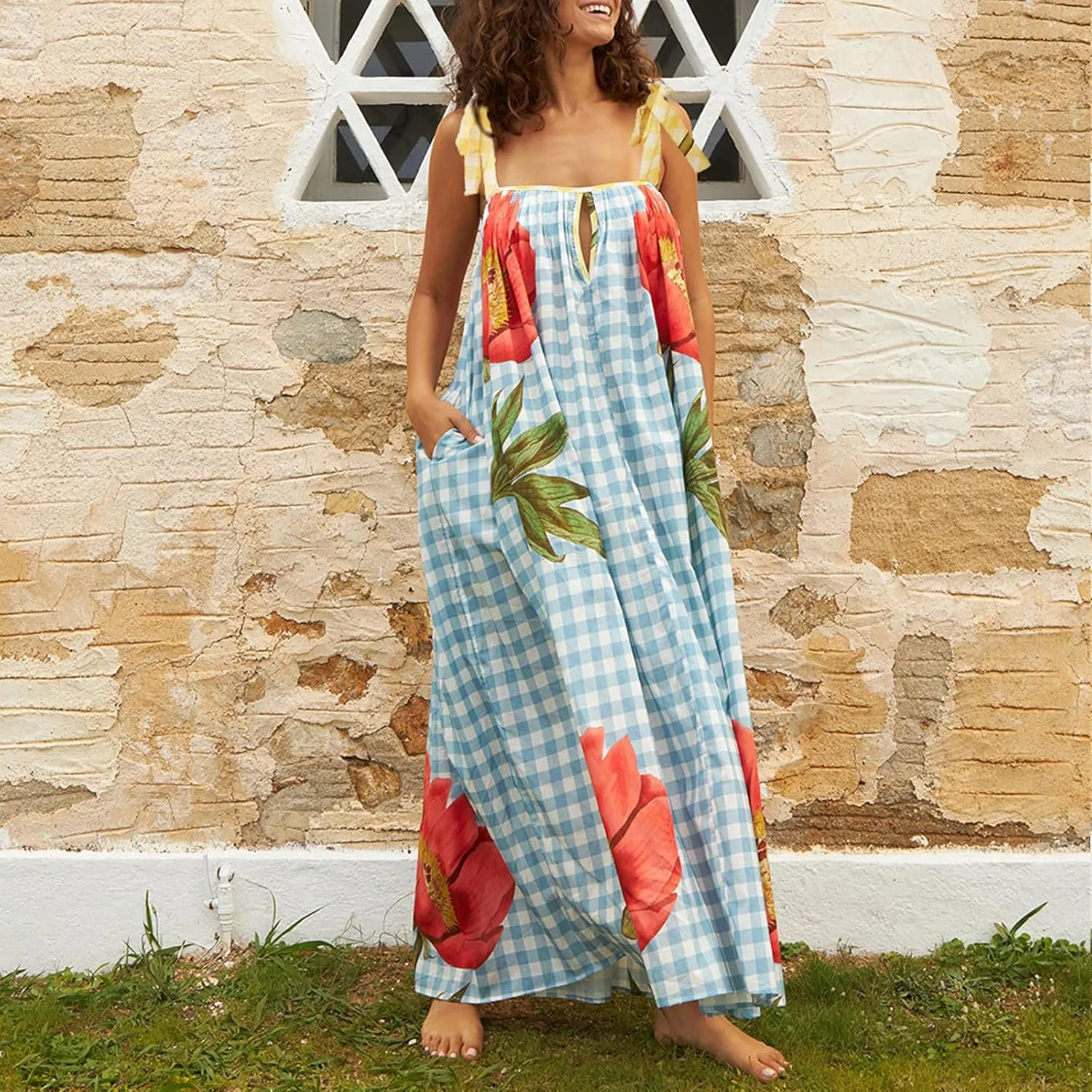 Women Floral Maxi Dresses Tie Shoulder Flowy Dress Relax Casual Summer Dress Y2k Boho Vacation Sundresses