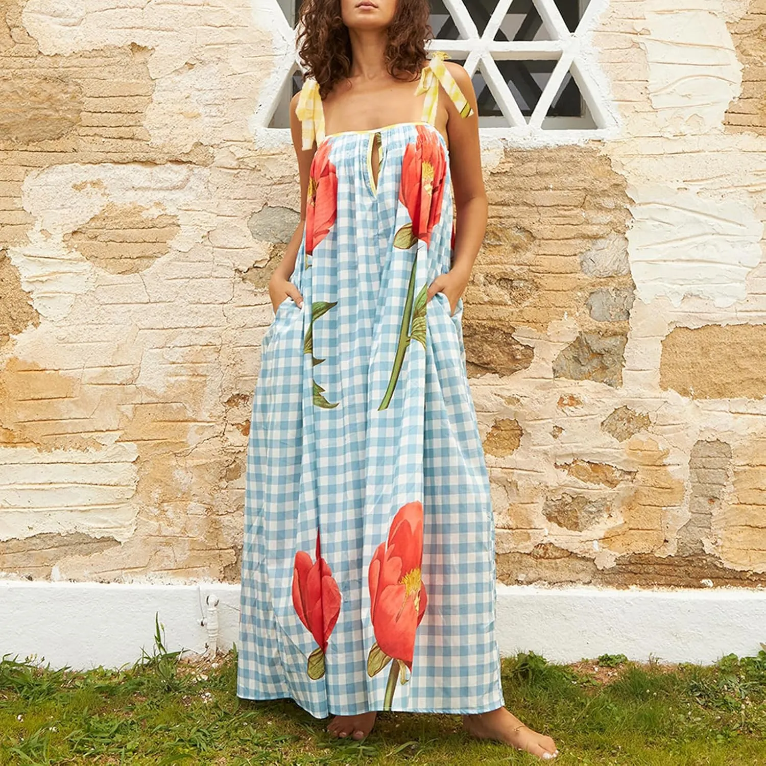 Women Floral Maxi Dresses Tie Shoulder Flowy Dress Relax Casual Summer Dress Y2k Boho Vacation Sundresses