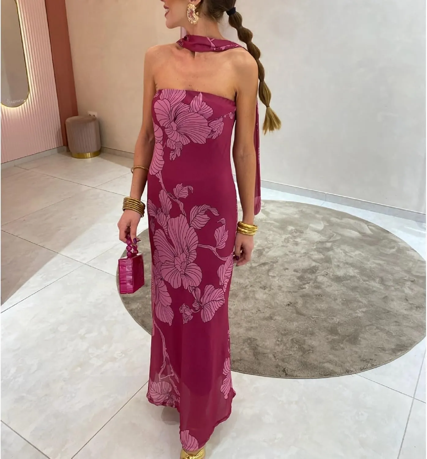 Women Floral Tube Maxi Dress with Scarf Sexy Strapless Backless Bodycon Long Dress Summer Mesh Cocktail Sundress
