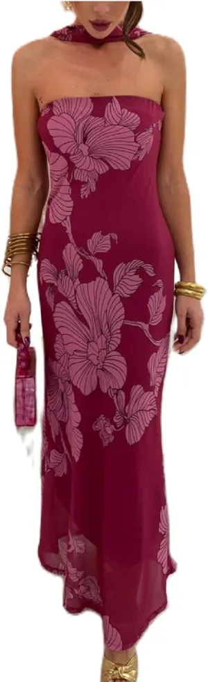 Women Floral Tube Maxi Dress with Scarf Sexy Strapless Backless Bodycon Long Dress Summer Mesh Cocktail Sundress