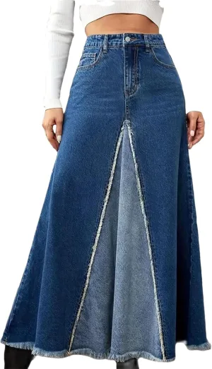 Women High Waist Denim Skirt Distressed Frayed Hem Color Block A-Line Midi Jean Skirt