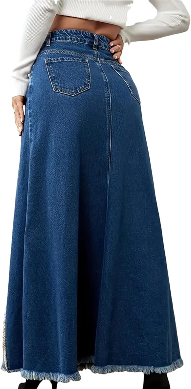 Women High Waist Denim Skirt Distressed Frayed Hem Color Block A-Line Midi Jean Skirt