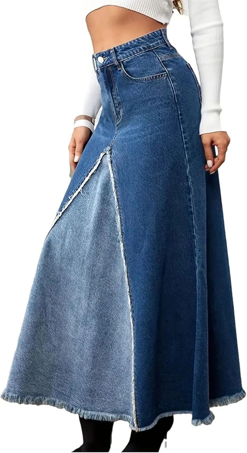 Women High Waist Denim Skirt Distressed Frayed Hem Color Block A-Line Midi Jean Skirt