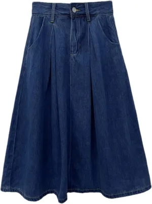 Women High Waist Denim Skirt Summer Vintage Casual Solid A-Line Midi Jean Skirt