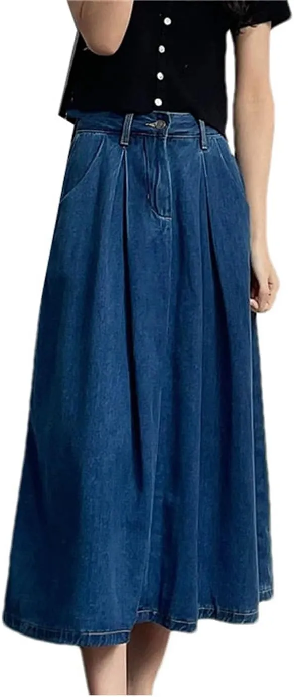 Women High Waist Denim Skirt Summer Vintage Casual Solid A-Line Midi Jean Skirt