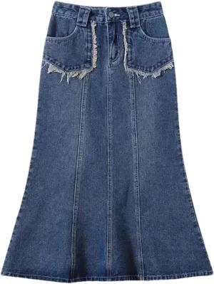 Women High Waist Denim Skirt Tassel Distressed Frayed Hem Spring Summer A-Line Midi Jean Skirt