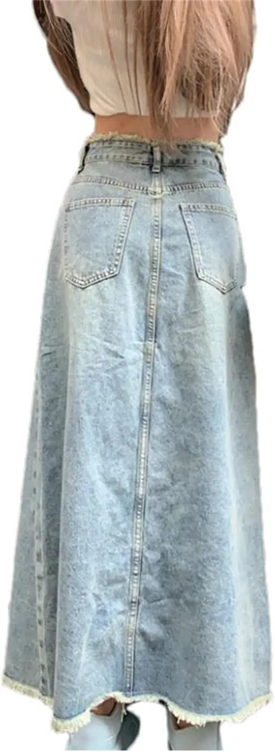 Women High Waist Denim Skirt Tassel Distressed Frayed Hem Spring Summer A-Line Midi Jean Skirt