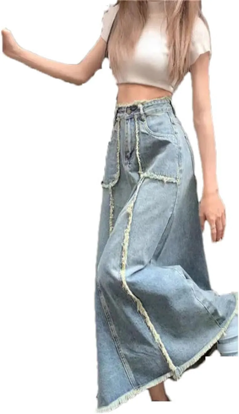 Women High Waist Denim Skirt Tassel Distressed Frayed Hem Spring Summer A-Line Midi Jean Skirt