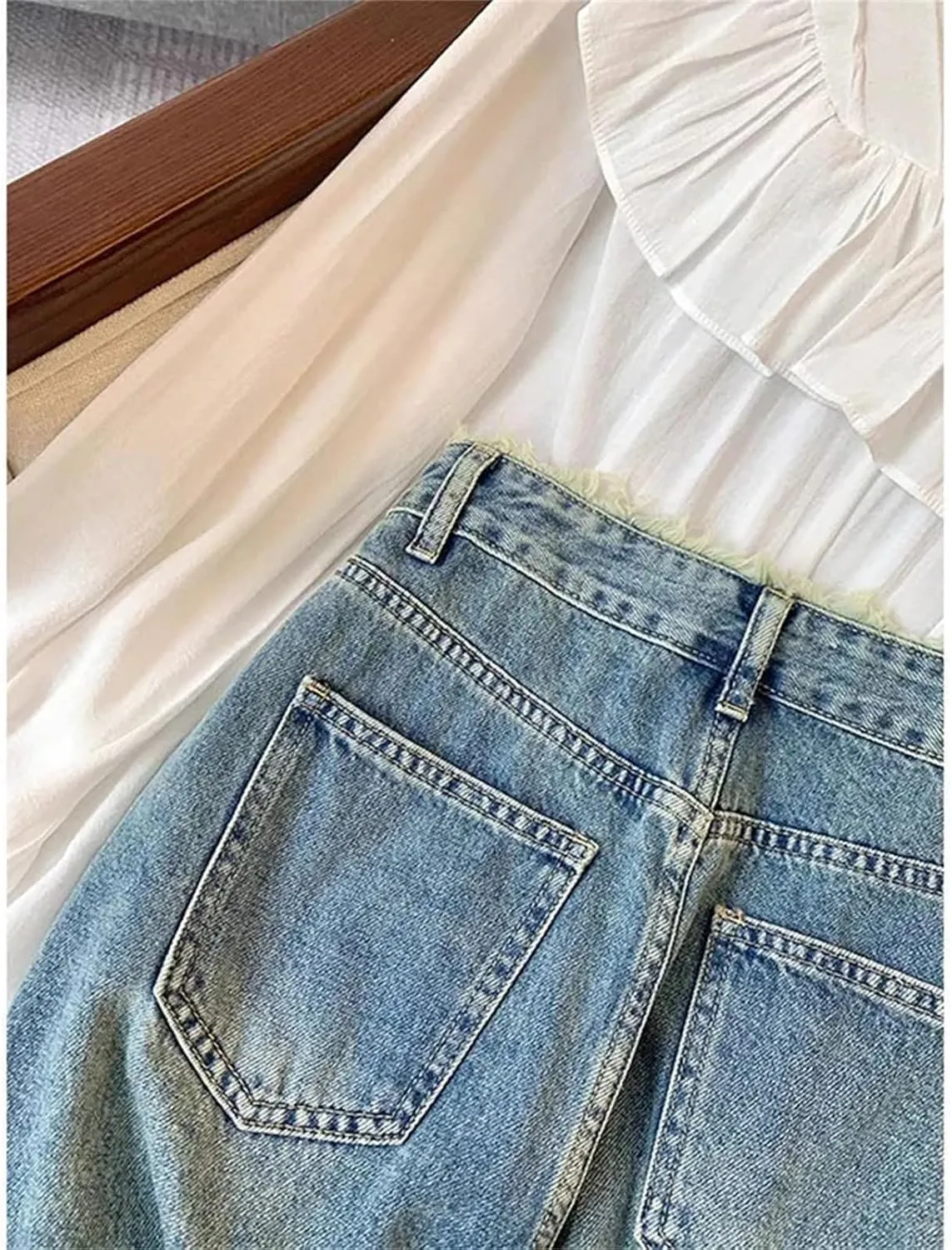 Women High Waist Denim Skirt Tassel Distressed Frayed Hem Spring Summer A-Line Midi Jean Skirt
