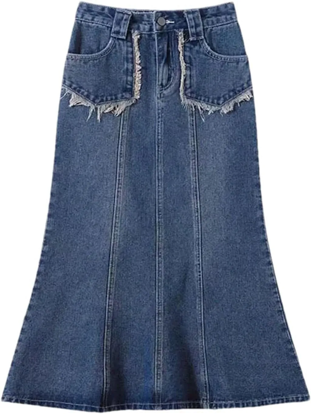 Women High Waist Denim Skirt Tassel Distressed Frayed Hem Spring Summer A-Line Midi Jean Skirt