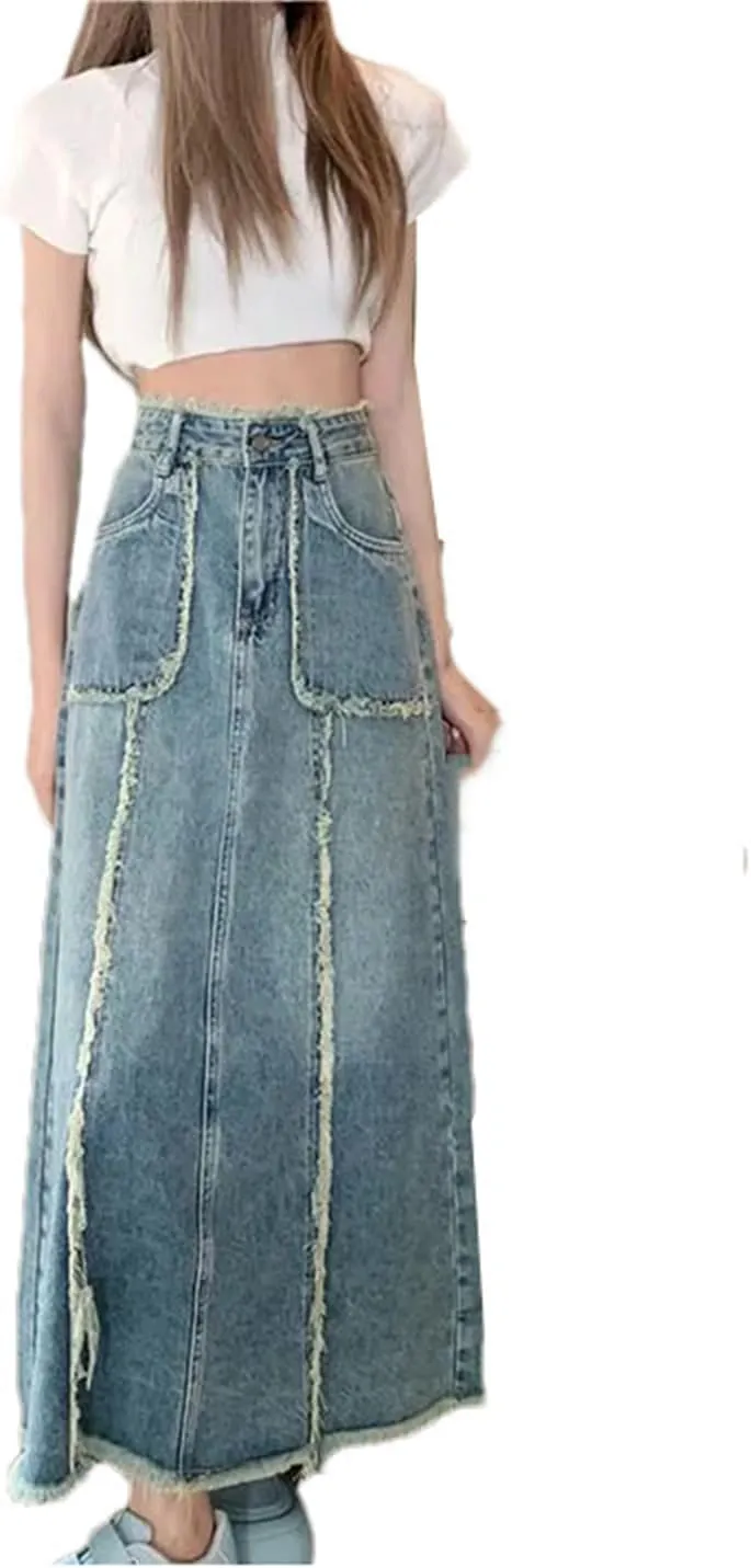 Women High Waist Denim Skirt Tassel Distressed Frayed Hem Spring Summer A-Line Midi Jean Skirt