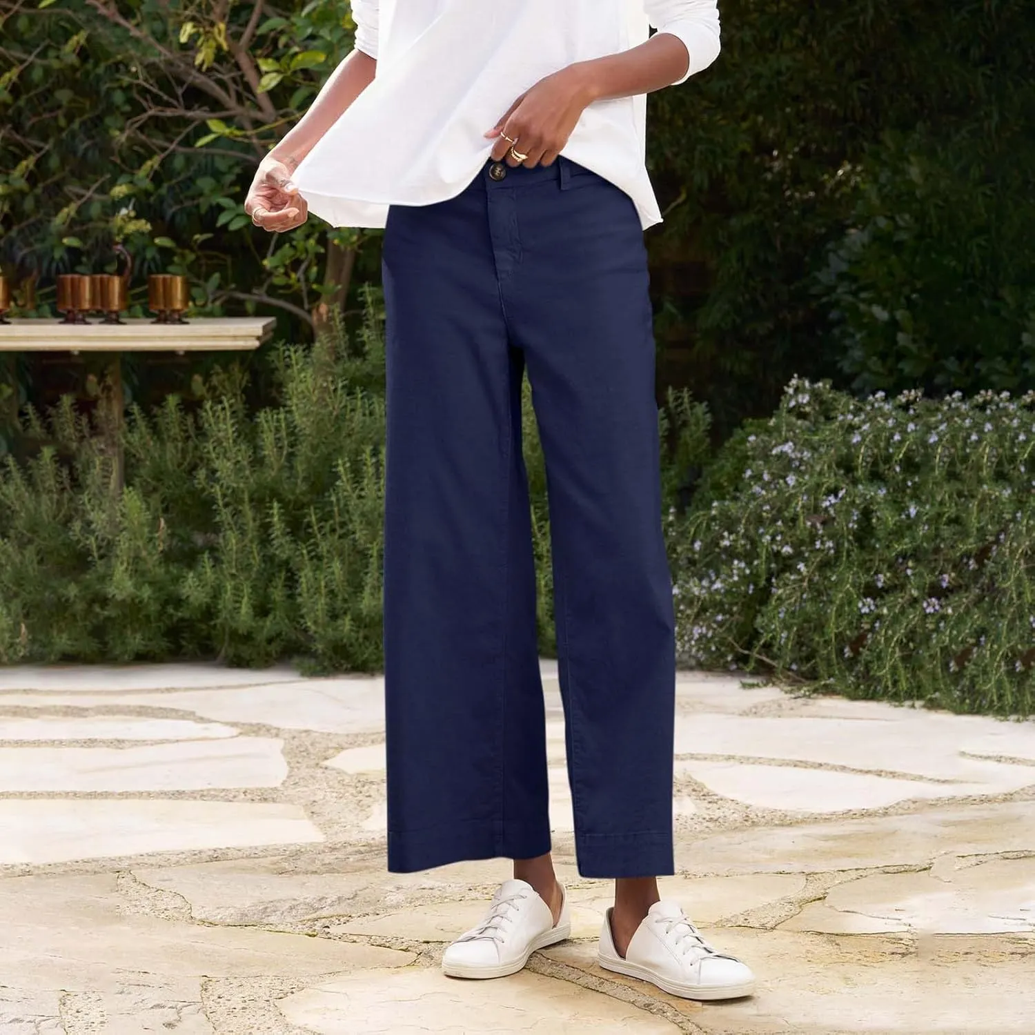 Women High Waisted Cropped Linen Pants Flare Wide Leg Capri Work Pants Business Casual Ankle Pants with Pockets​