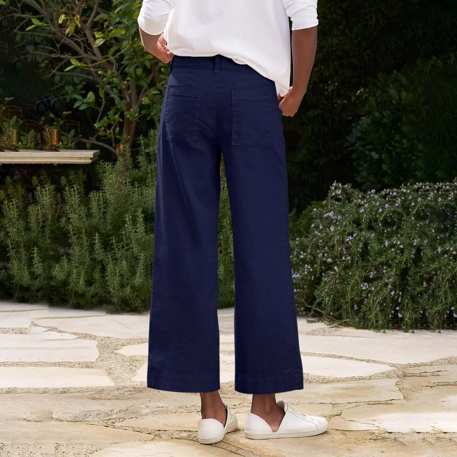 Women High Waisted Cropped Linen Pants Flare Wide Leg Capri Work Pants Business Casual Ankle Pants with Pockets​