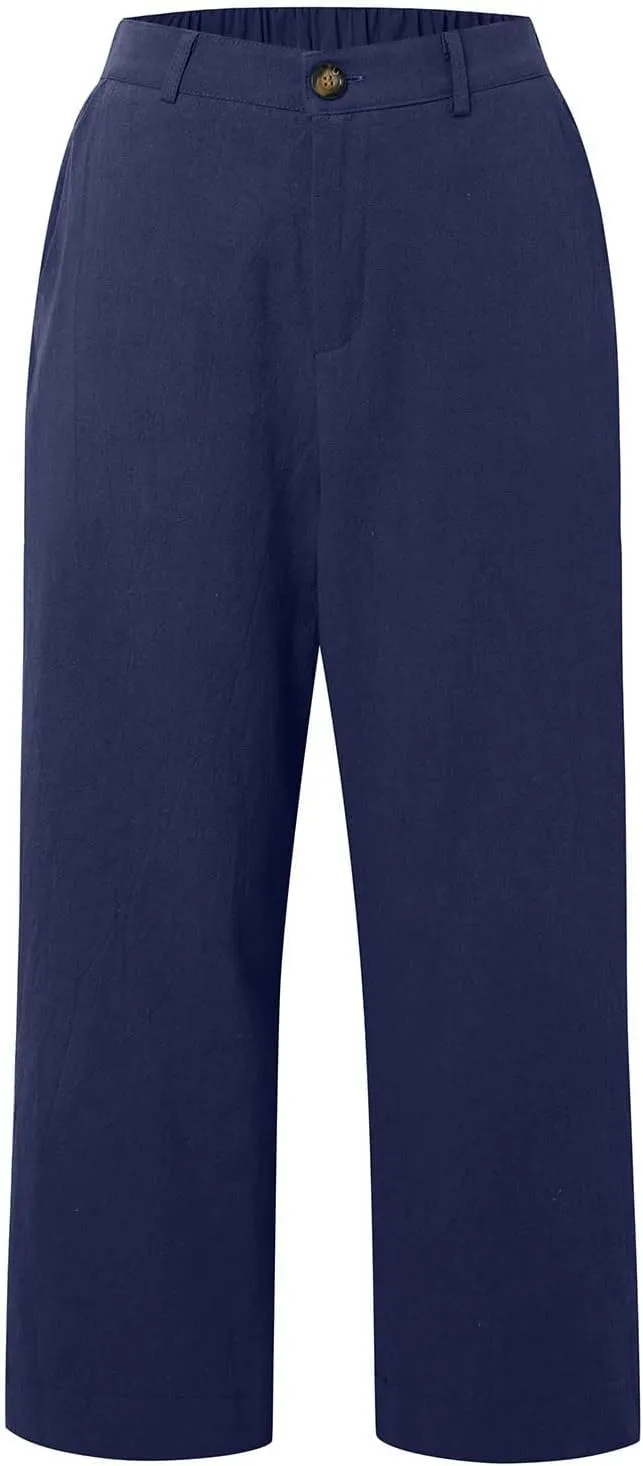 Women High Waisted Cropped Linen Pants Flare Wide Leg Capri Work Pants Business Casual Ankle Pants with Pockets​