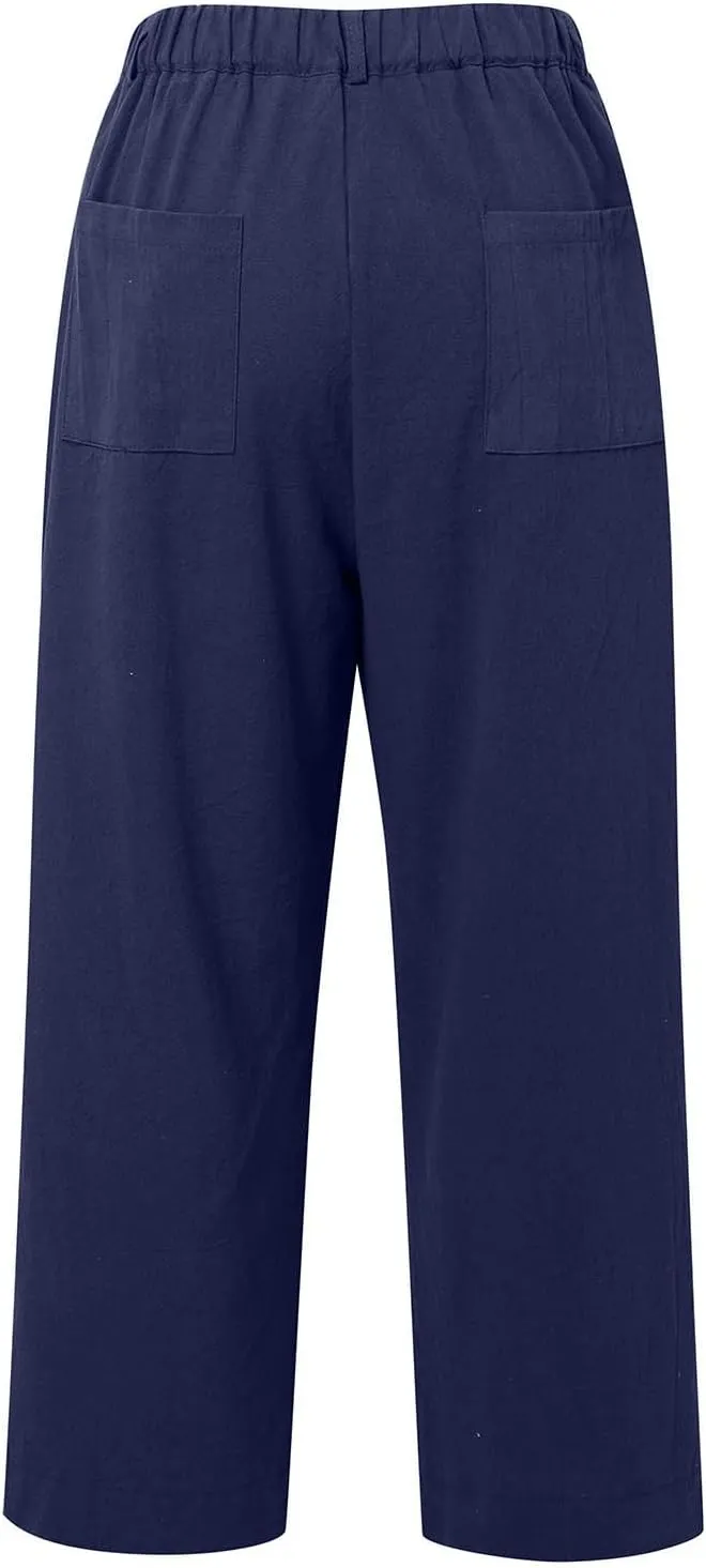 Women High Waisted Cropped Linen Pants Flare Wide Leg Capri Work Pants Business Casual Ankle Pants with Pockets​