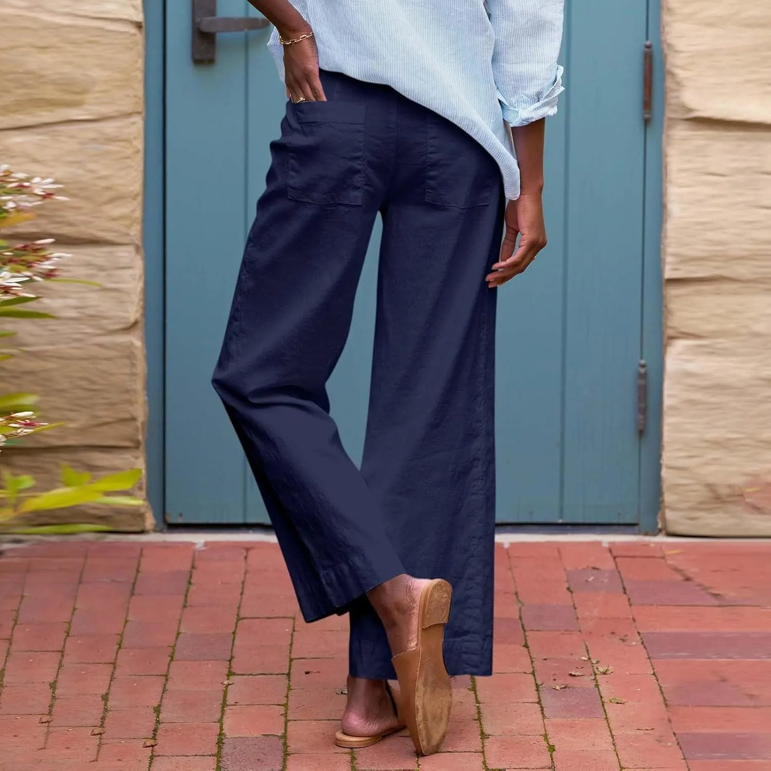 Women High Waisted Cropped Linen Pants Flare Wide Leg Capri Work Pants Business Casual Ankle Pants with Pockets​