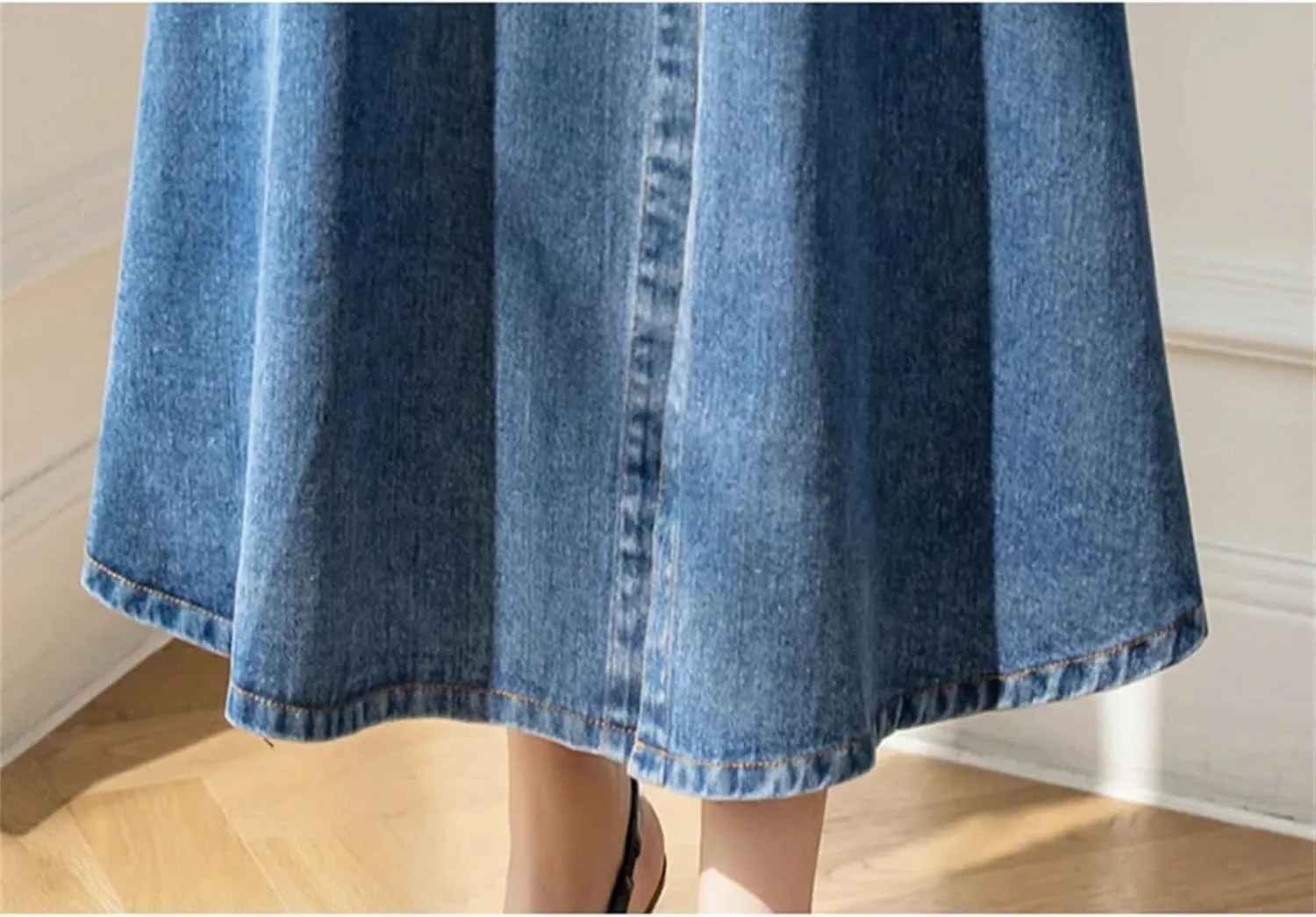 Women Long Denim Skirt with Belted High Wasit Double Breasted Umbrella Straight A-Line Jean Skirt