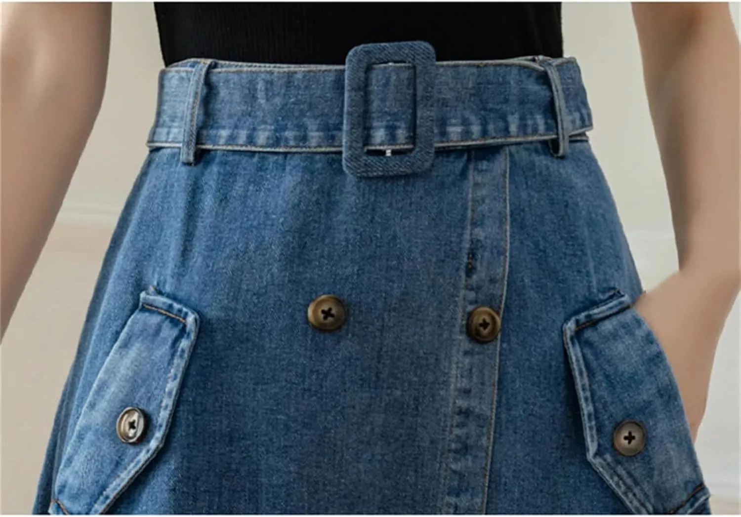 Women Long Denim Skirt with Belted High Wasit Double Breasted Umbrella Straight A-Line Jean Skirt