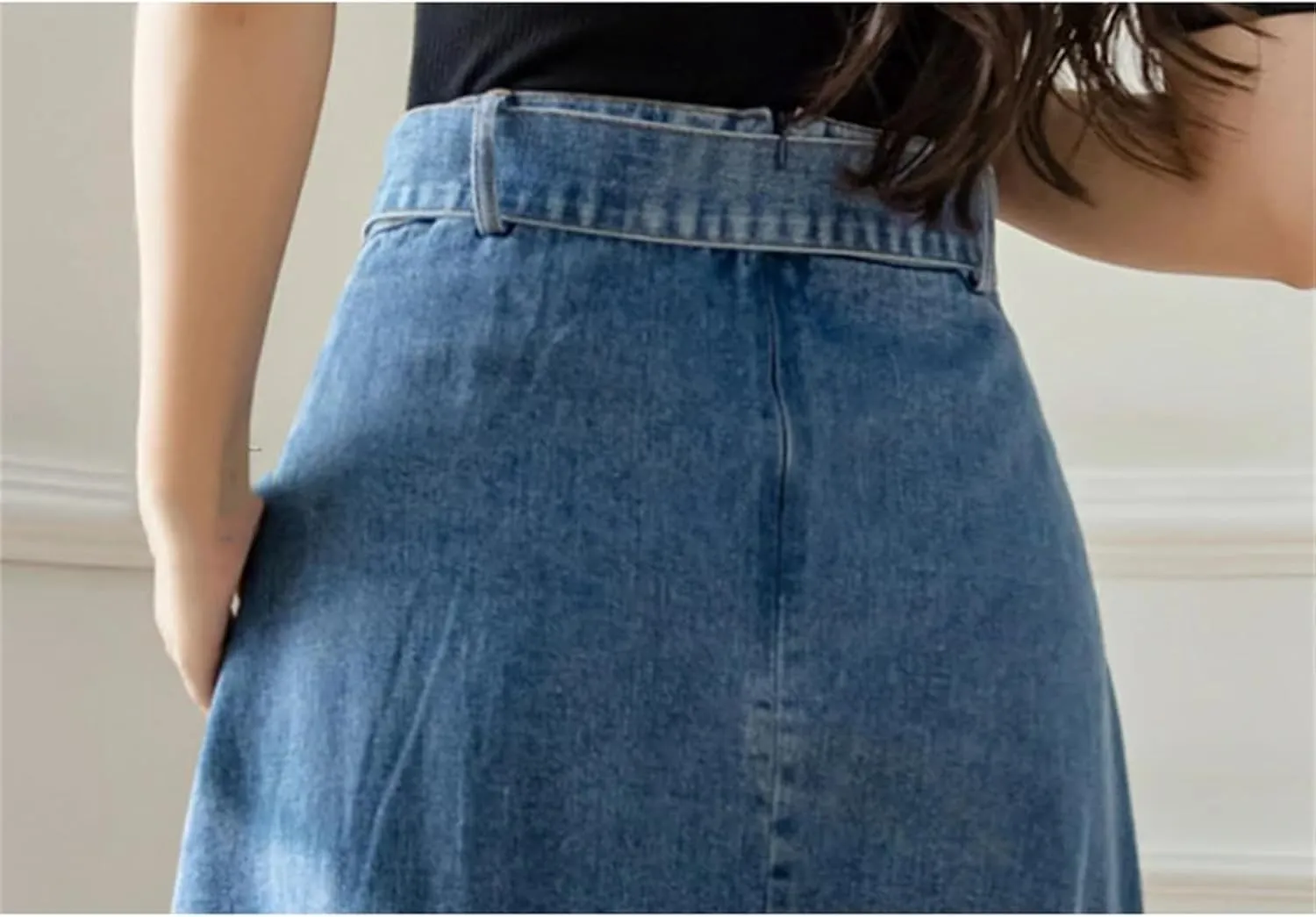 Women Long Denim Skirt with Belted High Wasit Double Breasted Umbrella Straight A-Line Jean Skirt