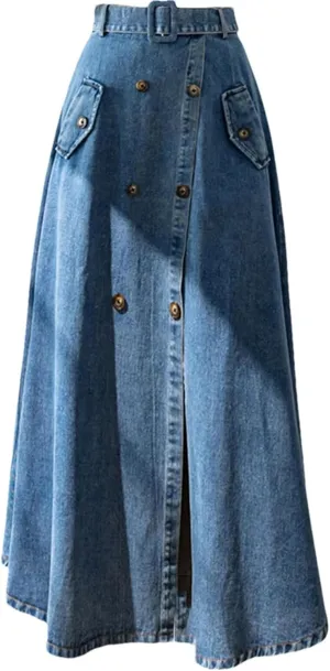 Women Long Denim Skirt with Belted High Wasit Double Breasted Umbrella Straight A-Line Jean Skirt