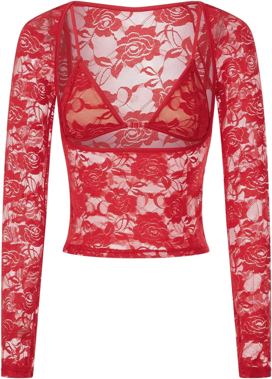Women Long Sleeve Lace Mesh Top Slim Fit See Through Crop Shirt Y2k Low Cut Sheer Lace Shirts Blouse