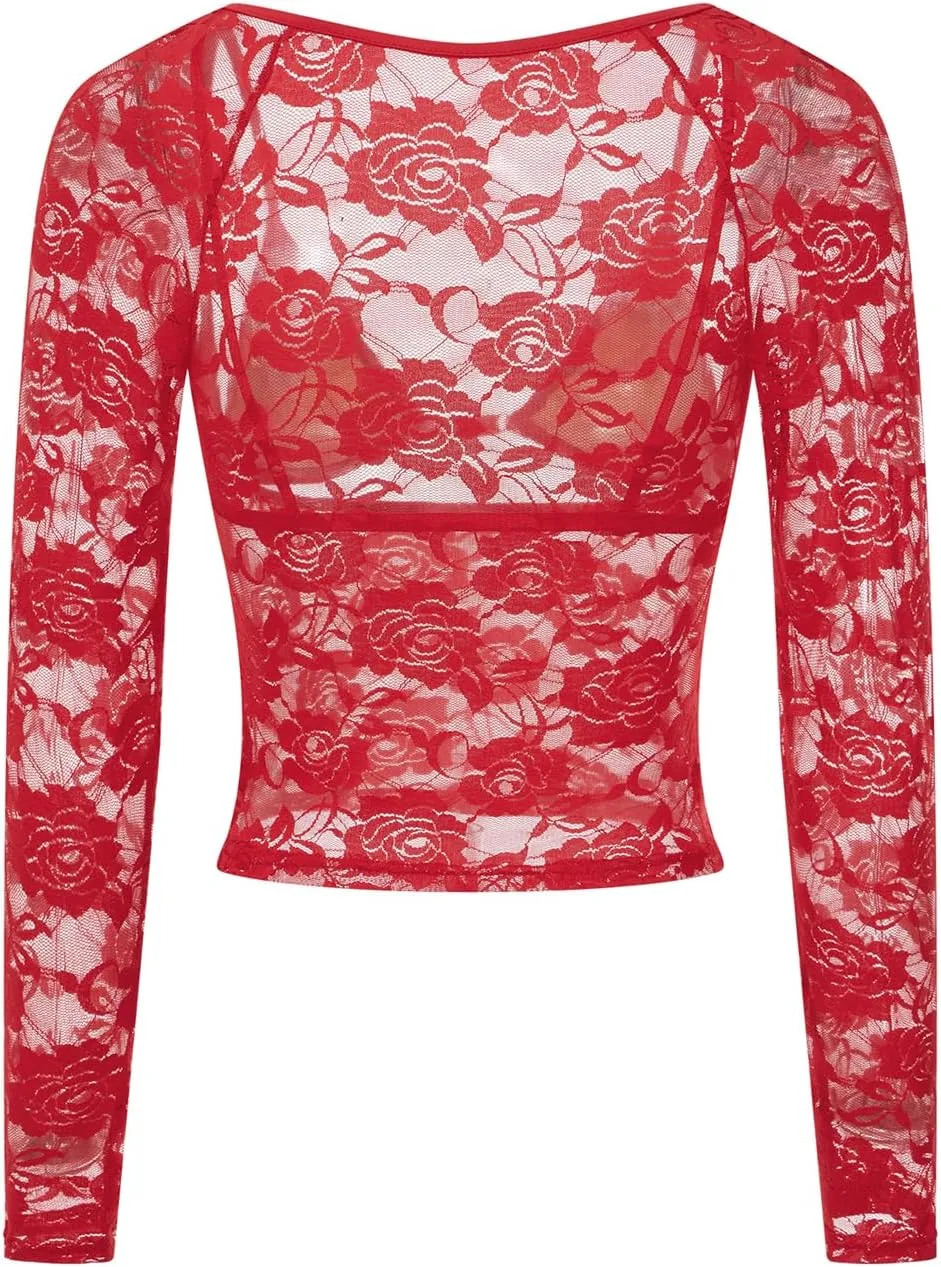 Women Long Sleeve Lace Mesh Top Slim Fit See Through Crop Shirt Y2k Low Cut Sheer Lace Shirts Blouse