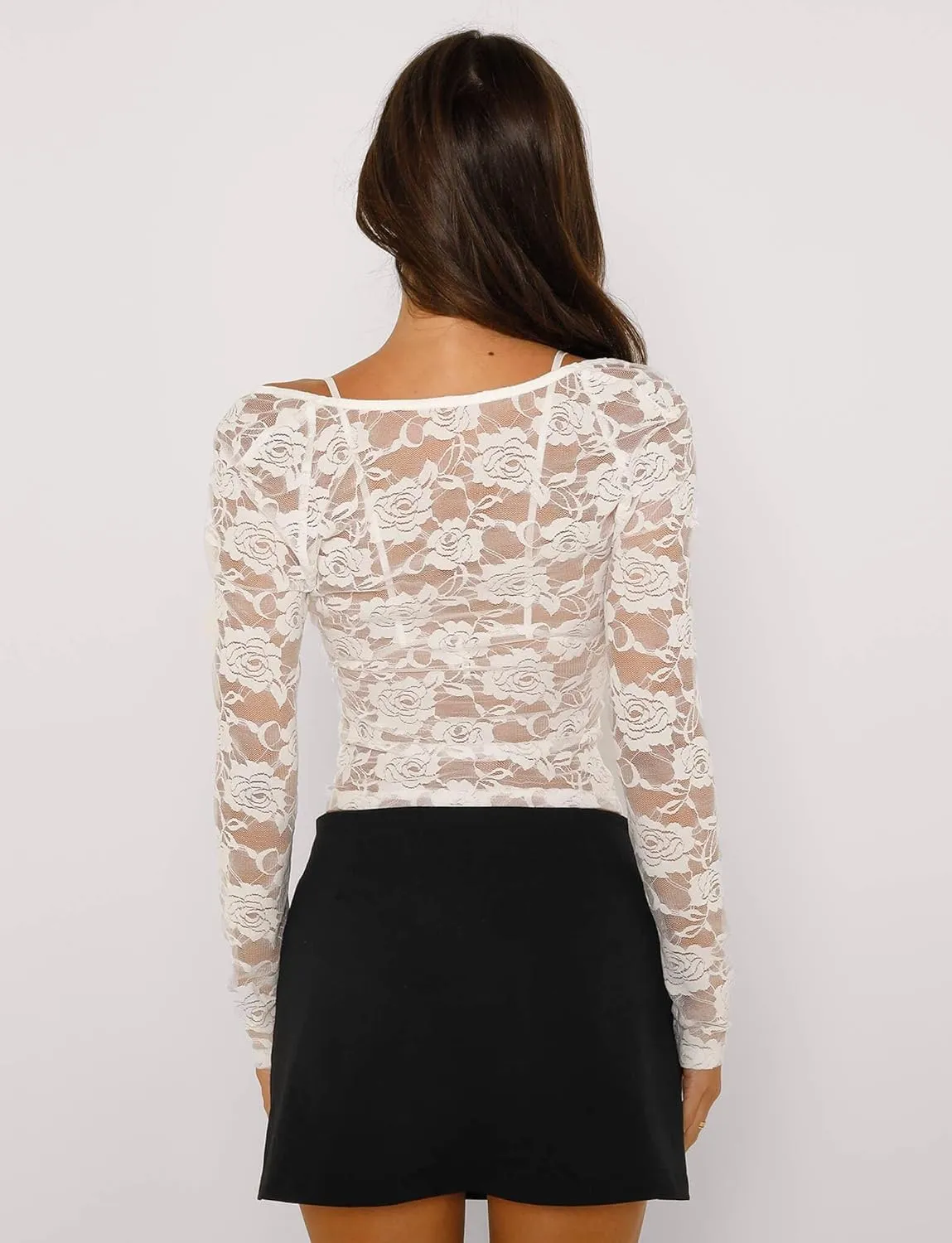 Women Long Sleeve Lace Mesh Top Slim Fit See Through Crop Shirt Y2k Low Cut Sheer Lace Shirts Blouse
