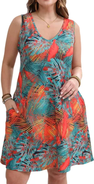 Women Plus Size V Neck Sleeveless Floral Print Pocket T Shirt Dresses Casual Midi Tank Dress Beach Cover up Sundress (XL-5X)
