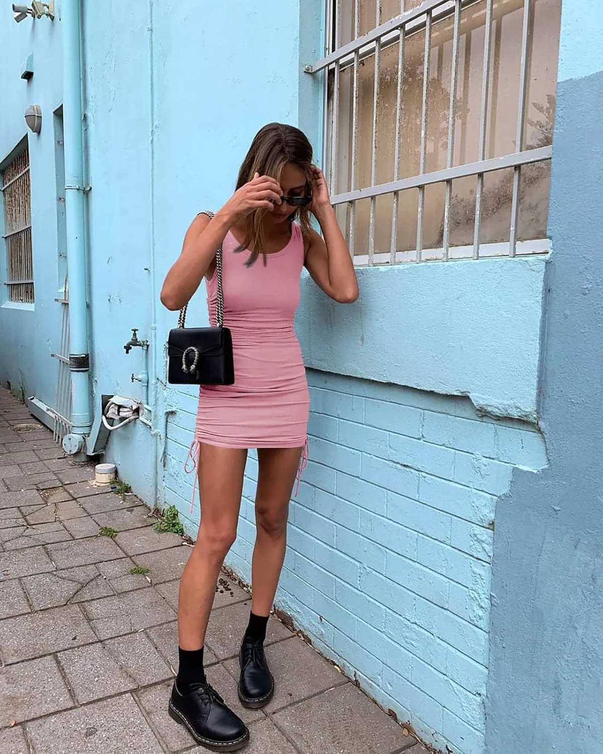 Women Ruched Bodycon Dress Drawstring Tank Dresses Ribbed Summer Mini Dress