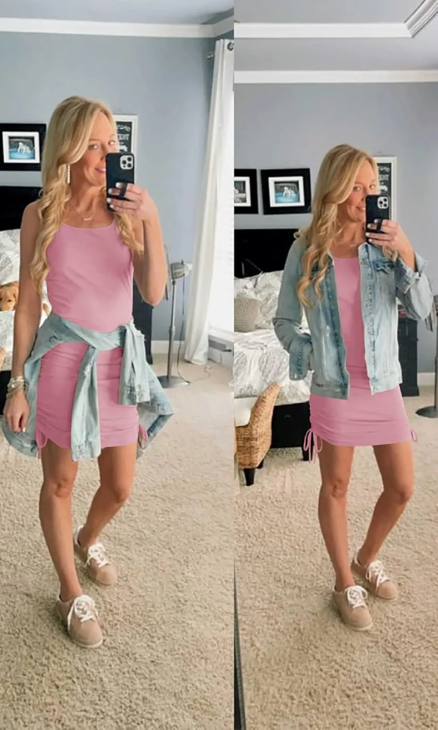 Women Ruched Bodycon Dress Drawstring Tank Dresses Ribbed Summer Mini Dress