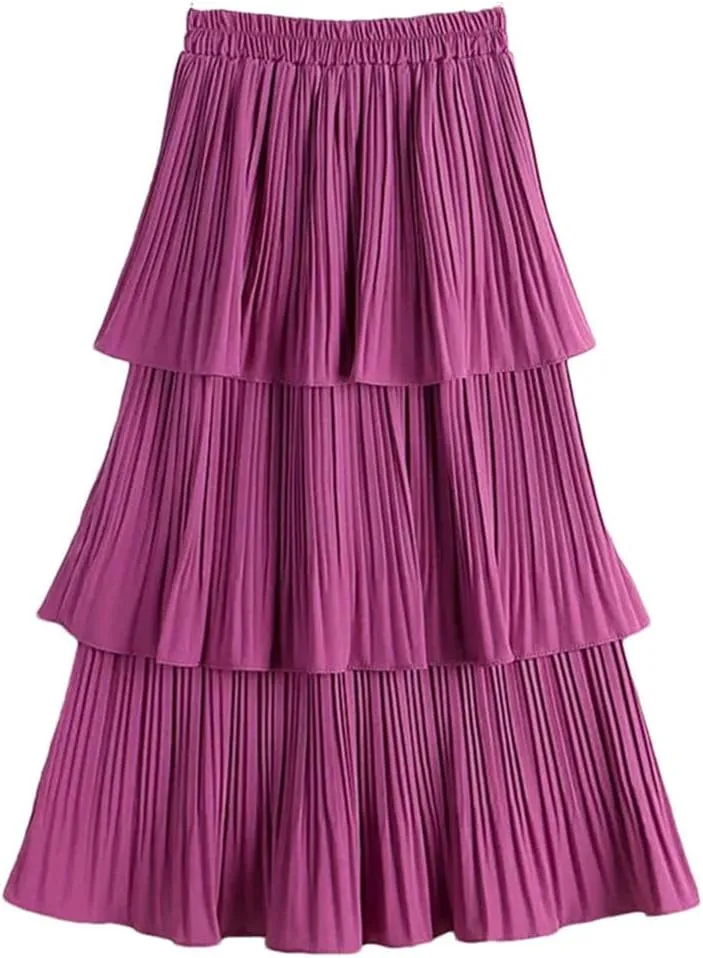 Women Summer Tiered Maxi Tulle Skirt Elegant High Waist Puffy Ruffled Pleated Mesh Long Skirt