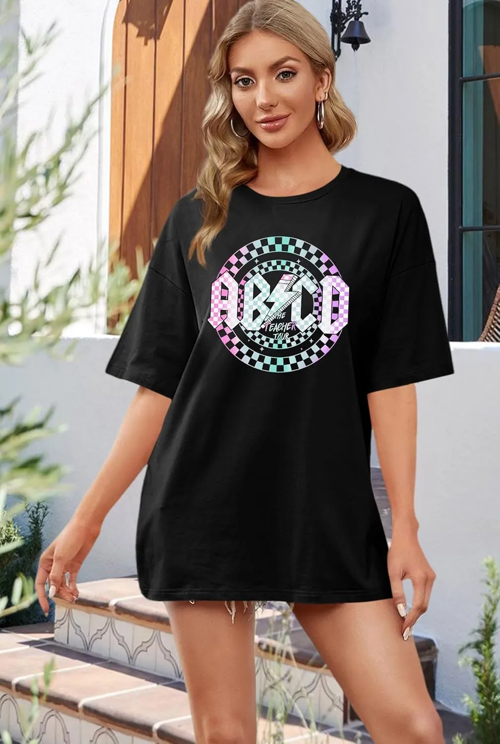 Women Teacher Shirts: ABCD Graphic Teacher Tshirt Oversized Teacher Gift Tees Teach Short Sleeve Tops