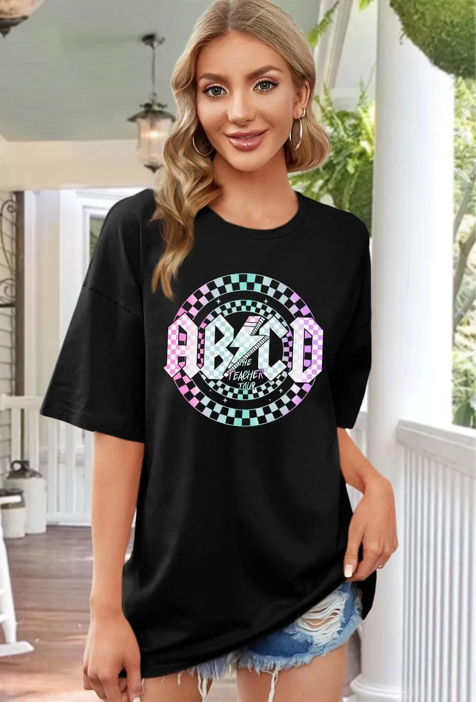 Women Teacher Shirts: ABCD Graphic Teacher Tshirt Oversized Teacher Gift Tees Teach Short Sleeve Tops