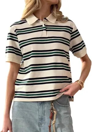 Women Y2K Collar V Neck Color Block Striped T-Shirt Vintage Slim Fit Short Sleeve Button Polo Shirts Streetwear
