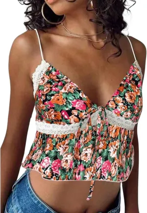 Women Y2K Coquette Floral Print Tie Front Crop Cami Top Spaghetti Strap V Neck Slim Fit Ruffle Hem Cropped Tank